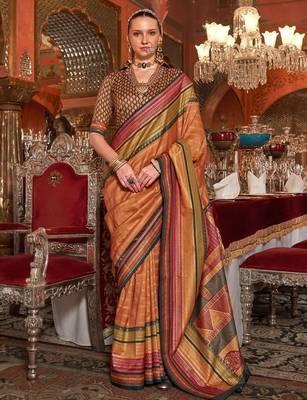 Orange ethnic motifs printed zari banarasi saree 1