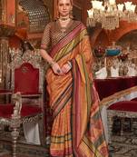 Orange ethnic motifs printed zari banarasi saree