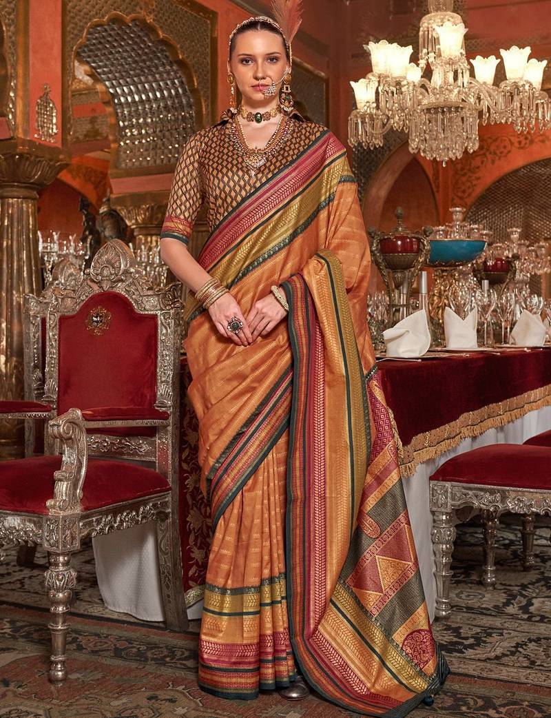 Orange ethnic motifs printed zari banarasi saree