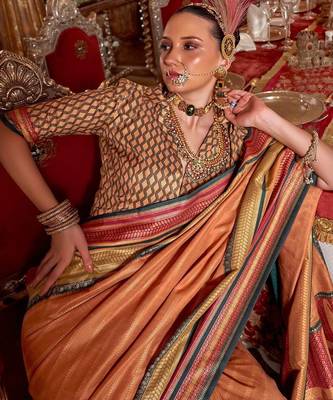 Orange ethnic motifs printed zari banarasi saree 2