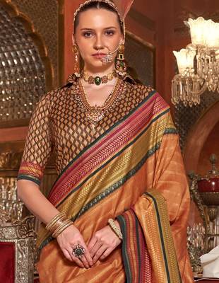 Orange ethnic motifs printed zari banarasi saree 3