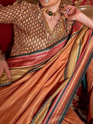 Orange ethnic motifs printed zari banarasi saree 4