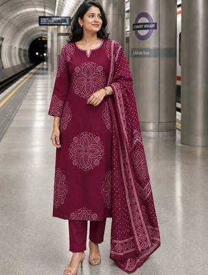 women ethnic motifs printed regular thread work  cotton kurta with trousers & with dupatta 1