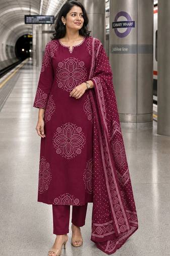 women ethnic motifs printed regular thread work  cotton kurta with trousers & with dupatta