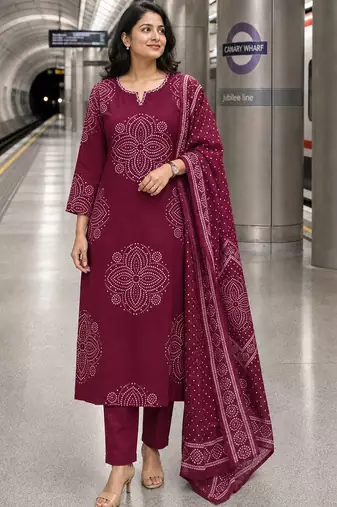 women ethnic motifs printed regular thread work  cotton kurta with trousers & with dupatta