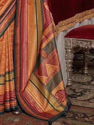 Orange ethnic motifs printed zari banarasi saree 5
