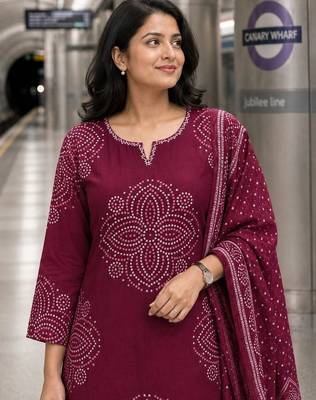 women ethnic motifs printed regular thread work  cotton kurta with trousers & with dupatta 2