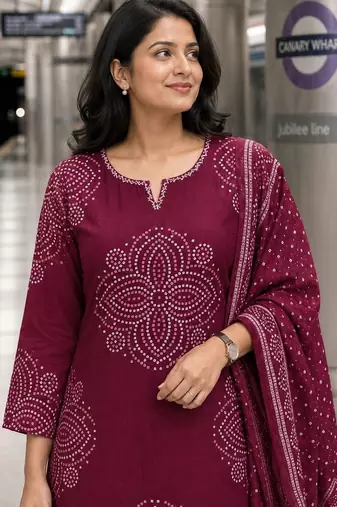 women ethnic motifs printed regular thread work  cotton kurta with trousers & with dupatta