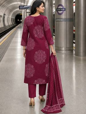 women ethnic motifs printed regular thread work  cotton kurta with trousers & with dupatta 3