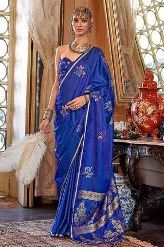 Blue floral woven design zari satin banarasi saree