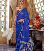 Blue floral woven design zari satin banarasi saree