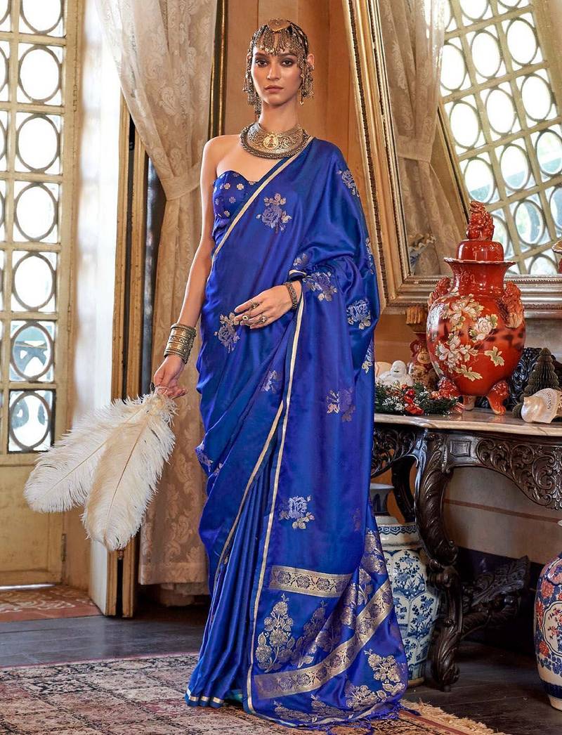 Blue floral woven design zari satin banarasi saree