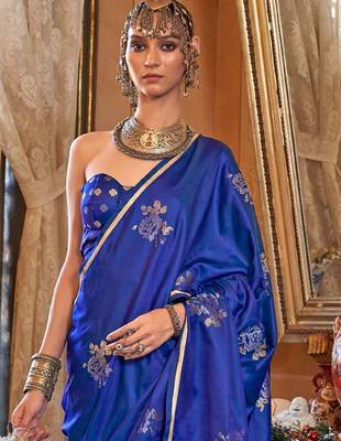 Blue floral woven design zari satin banarasi saree 2