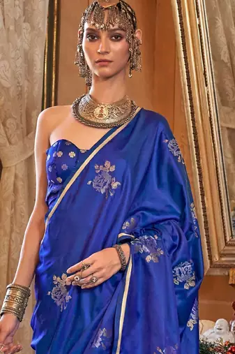 Blue floral woven design zari satin banarasi saree