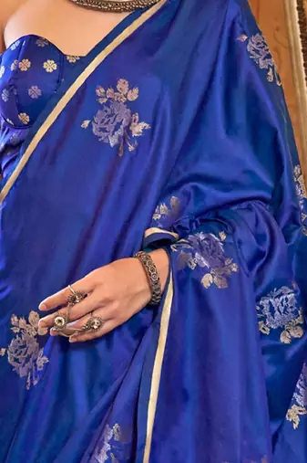 Blue floral woven design zari satin banarasi saree