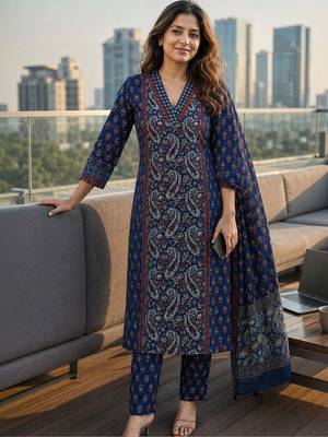 women paisley printed regular mirror work  cotton kurta with trousers & with dupatta 1