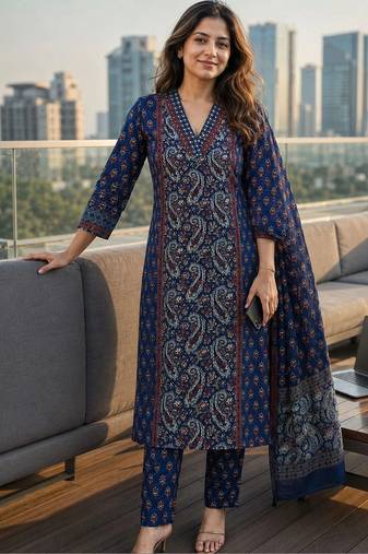 women paisley printed regular mirror work  cotton kurta with trousers & with dupatta
