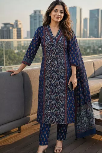 women paisley printed regular mirror work  cotton kurta with trousers & with dupatta