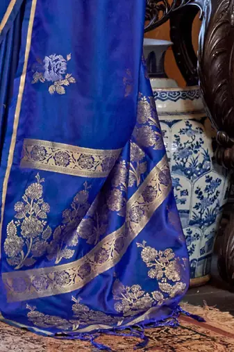 Blue floral woven design zari satin banarasi saree