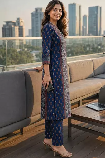 women paisley printed regular mirror work  cotton kurta with trousers & with dupatta
