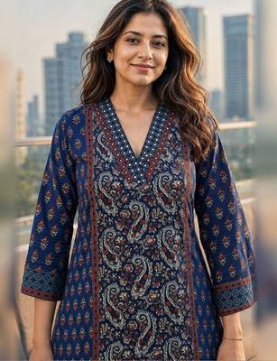 women paisley printed regular mirror work  cotton kurta with trousers & with dupatta 3