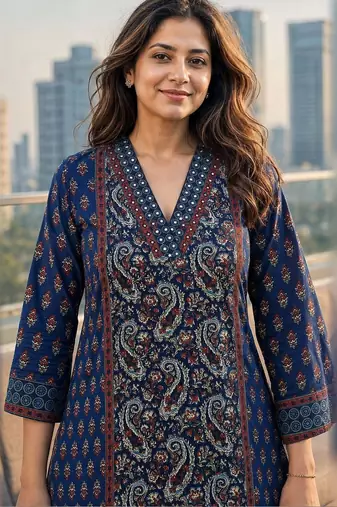 women paisley printed regular mirror work  cotton kurta with trousers & with dupatta