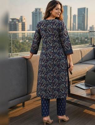 women paisley printed regular mirror work  cotton kurta with trousers & with dupatta 4