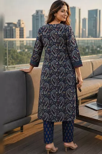 women paisley printed regular mirror work  cotton kurta with trousers & with dupatta