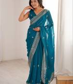 Teal ethnic motifs zari satin heavy work saree