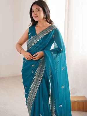 Teal ethnic motifs zari satin heavy work saree 2