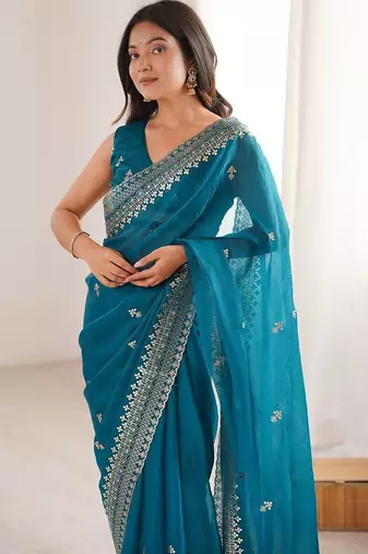 Teal ethnic motifs zari satin heavy work saree