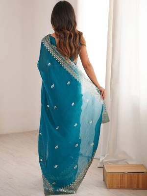 Teal ethnic motifs zari satin heavy work saree 3