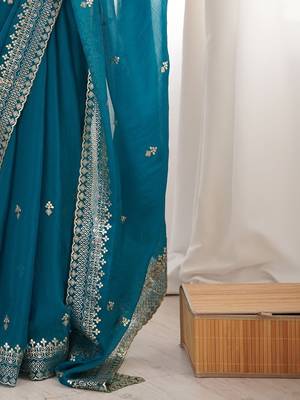 Teal ethnic motifs zari satin heavy work saree 5