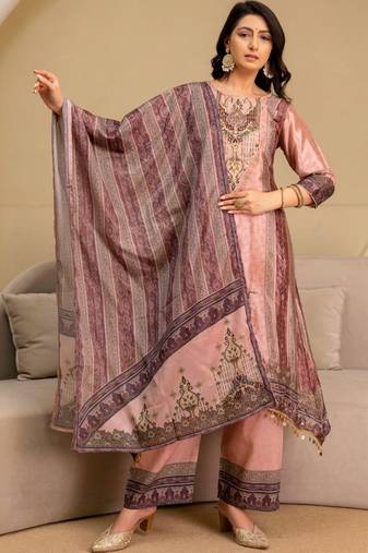 women ethnic motifs embroidered regular thread work kurta with palazzos & with dupatta