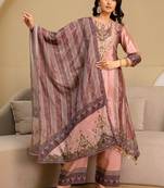 women ethnic motifs embroidered regular thread work kurta with palazzos & with dupatta