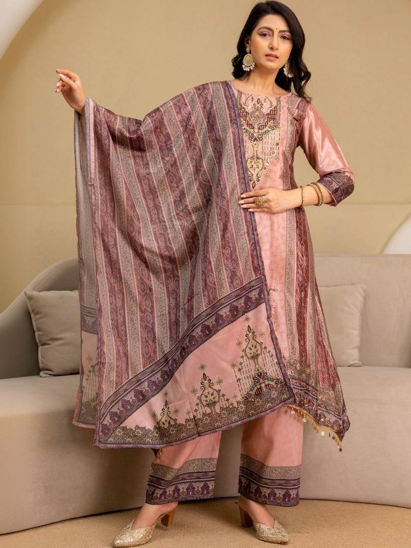 women ethnic motifs embroidered regular thread work kurta with palazzos & with dupatta