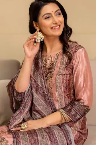 women ethnic motifs embroidered regular thread work kurta with palazzos & with dupatta