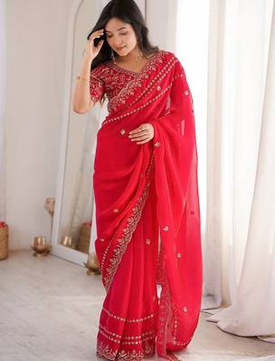Red red embellished embroidered satin heavy work saree unstiched blouse 1