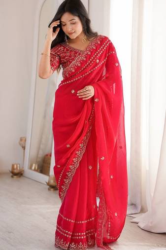 Red red embellished embroidered satin heavy work saree unstiched blouse