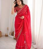 Red red embellished embroidered satin heavy work saree unstiched blouse