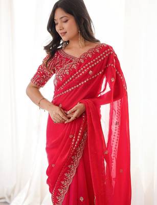 Red red embellished embroidered satin heavy work saree unstiched blouse 2