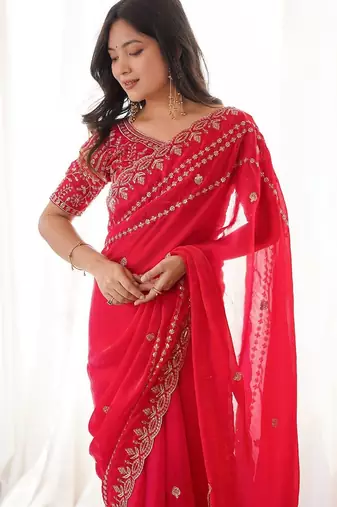 Red red embellished embroidered satin heavy work saree unstiched blouse