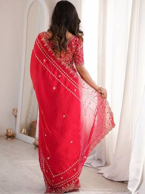 Red red embellished embroidered satin heavy work saree unstiched blouse 3