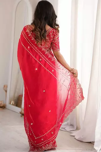 Red red embellished embroidered satin heavy work saree unstiched blouse
