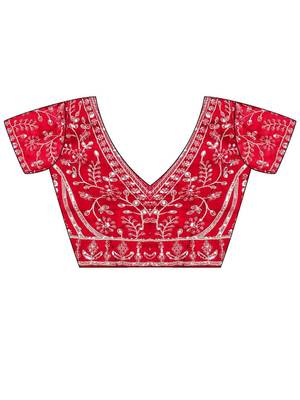 Red red embellished embroidered satin heavy work saree unstiched blouse 4
