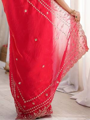 Red red embellished embroidered satin heavy work saree unstiched blouse 5
