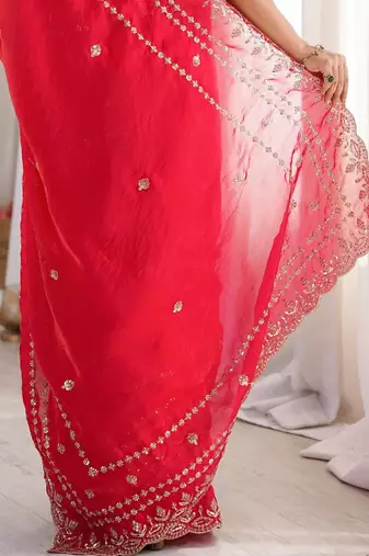 Red red embellished embroidered satin heavy work saree unstiched blouse