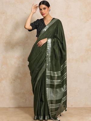 Olive striped  cotton handloom saree 1
