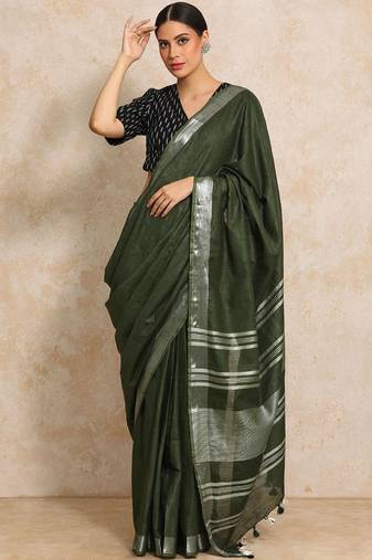 Olive striped  cotton handloom saree