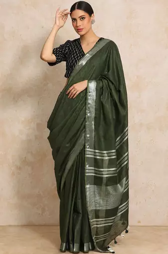 Olive striped  cotton handloom saree